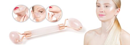 Concept of skin rejuvenation. Face lift anti-aging treatment with jade roller. Woman with perfect skin of her face after massage.の写真素材