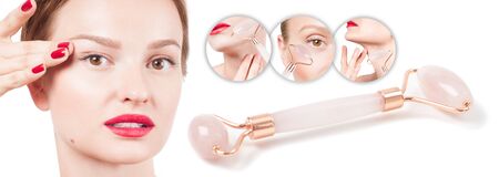 Concept of skin rejuvenation. Face lift anti-aging treatment with jade roller. Woman with perfect skin of her face after massage.の写真素材