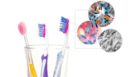 Dental hygiene. Tooth brushes with bacteria in glass on white backgroundの写真素材