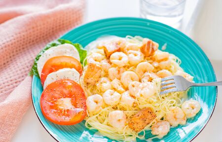 Italian Pasta with shrimps and creamy sauce. Spaghetti and shrimpsの写真素材