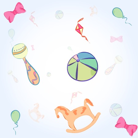 funny childhood background with balls, rocking horse , ectの写真素材