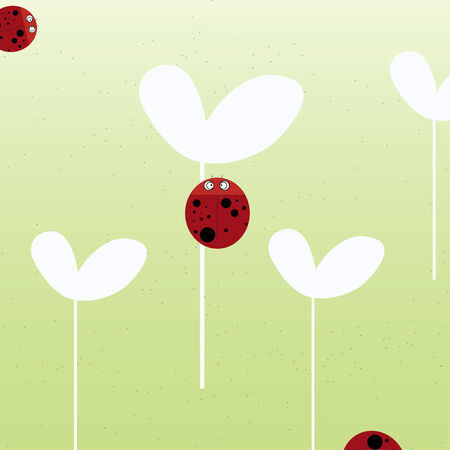 Brightly background with three small  ladybugs on the leavesの写真素材