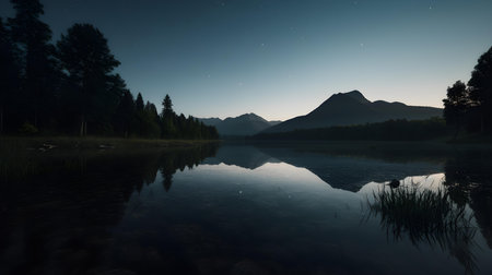 Nestled within the majestic embrace of towering mountains, a lake emerges like a shimmering gem, casting an enchanting spell upon all who gaze upon its tranquil waters.の素材