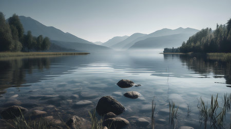 Nestled within the majestic embrace of towering mountains, a lake emerges like a shimmering gem, casting an enchanting spell upon all who gaze upon its tranquil waters.の素材