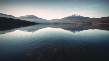Nestled within the majestic embrace of towering mountains, a lake emerges like a shimmering gem, casting an enchanting spell upon all who gaze upon its tranquil waters.の素材