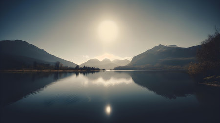 Nestled within the majestic embrace of towering mountains, a lake emerges like a shimmering gem, casting an enchanting spell upon all who gaze upon its tranquil waters.の素材