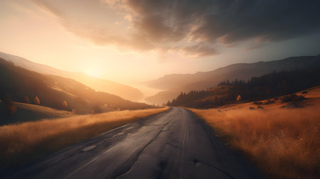 The sunset view of an empty street in a mountain landscape evokes a sense of tranquility and solitude, blending the beauty of nature with the stillness of urban surroundings.の素材