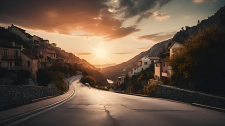 The sunset view of an empty street in a mountain landscape evokes a sense of tranquility and solitude, blending the beauty of nature with the stillness of urban surroundings.の素材