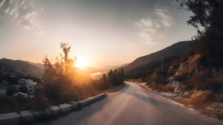 The sunset view of an empty street in a mountain landscape evokes a sense of tranquility and solitude, blending the beauty of nature with the stillness of urban surroundings.の素材