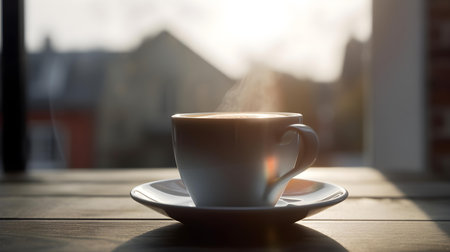 A cup of coffee enjoyed on a balcony offers a moment of serenity and sensory delight.の素材