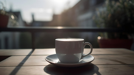 A cup of coffee enjoyed on a balcony offers a moment of serenity and sensory delight.の素材