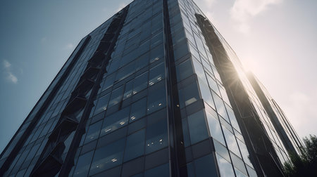 A close-up view of a modern business tower reveals a symphony of sleek lines, reflective surfaces, and innovative architectural details.の素材