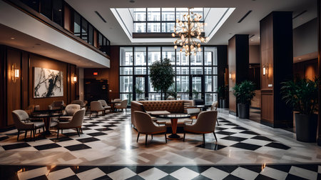 The interior of a modern hotel lobby is a visual feast that exudes elegance and luxury.の素材