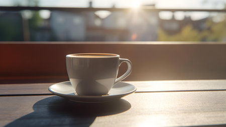 A cup of coffee enjoyed on a balcony offers a moment of serenity and sensory delight.の素材