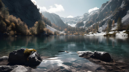 Nestled within the majestic embrace of towering mountains, a lake emerges like a shimmering gem, casting an enchanting spell upon all who gaze upon its tranquil waters.の素材