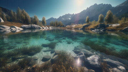Nestled within the majestic embrace of towering mountains, a lake emerges like a shimmering gem, casting an enchanting spell upon all who gaze upon its tranquil waters.の素材