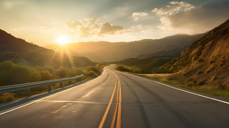 The sunset view of an empty street in a mountain landscape evokes a sense of tranquility and solitude, blending the beauty of nature with the stillness of urban surroundings.の素材