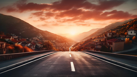 The sunset view of an empty street in a mountain landscape evokes a sense of tranquility and solitude, blending the beauty of nature with the stillness of urban surroundings.の素材