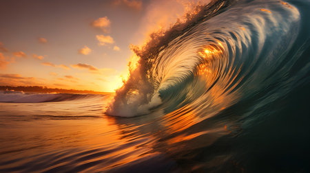 Sunset View of a Wave crushing into the Seaの素材