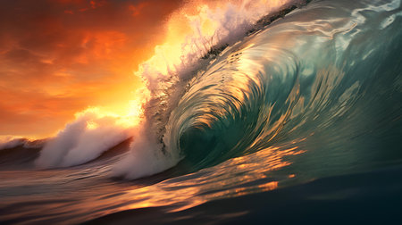 Sunset View of a Wave crushing into the Seaの素材