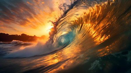 Sunset View of a Wave crushing into the Seaの素材