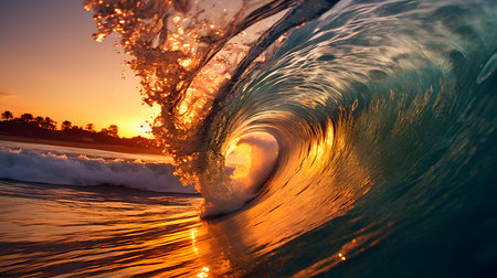Sunset View of a Wave crushing into the Seaの素材