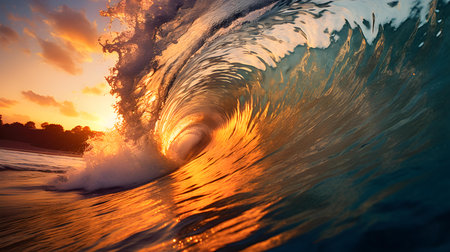 Sunset View of a Wave crushing into the Seaの素材