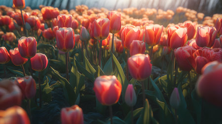 Close up of a field of colorful tulipsの素材