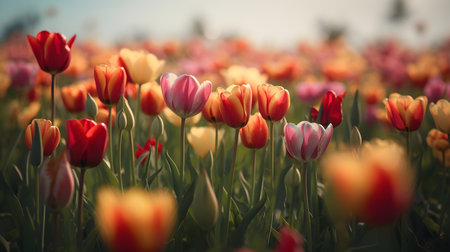 Close up of a field of colorful tulipsの素材