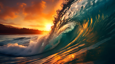 Sunset View of a Wave crushing into the Seaの素材