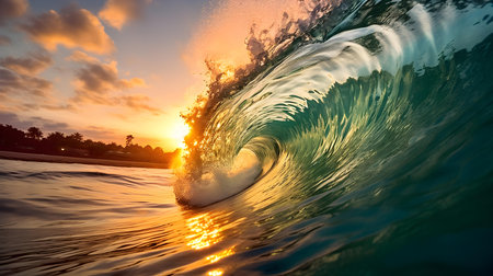 Sunset View of a Wave crushing into the Seaの素材