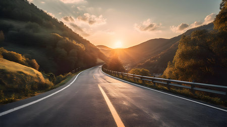 Sunset view of an empty street in a mountain landscapeの素材