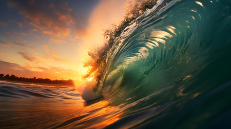 Sunset View of a Wave crushing into the Seaの素材