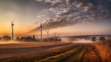Sunset View of Wind Turbines on a Fieldの素材