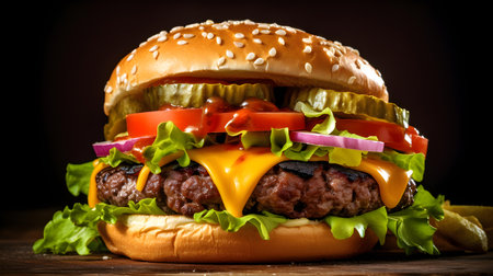 Close up of a Juicy Grilled Burger. Cheese, Lettuce, Tomato and Onionの素材