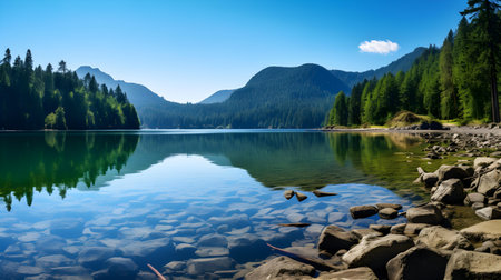 Panoramic View of a Lake with Mountains in the Distanceの素材