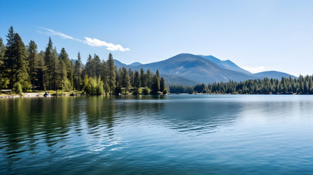 Panoramic View of a Lake with Mountains in the Distanceの素材