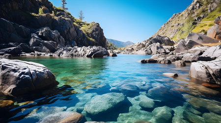 Wide angle view of a Rocky Riverの素材