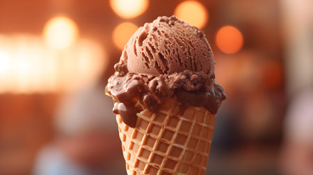 Delicious Chocolate Ice Cream Cone. Blurred Backgroundの素材
