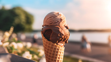 Delicious Chocolate Ice Cream Cone. Blurred Backgroundの素材