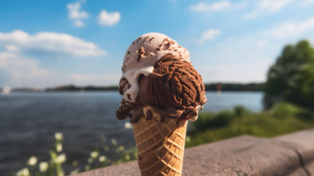 Delicious Chocolate Ice Cream Cone. Blurred Backgroundの素材