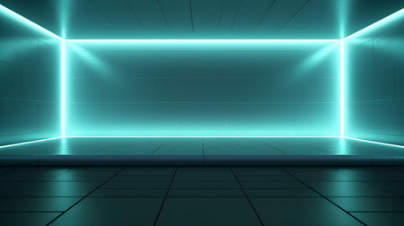 Empty geometrical room in aqua colors with beautiful lighting. Futuristic Background for Product Presentation.の素材