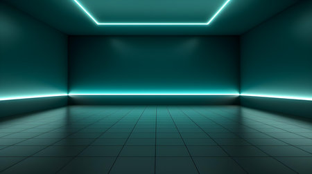 Empty geometrical room in aqua colors with beautiful lighting. Futuristic Background for Product Presentation.の素材