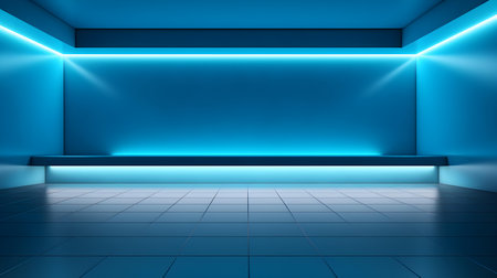 Empty geometrical room in aqua blue colors with beautiful lighting. Futuristic Background for Product Presentation.の素材