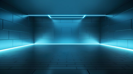 Empty geometrical room in aqua blue colors with beautiful lighting. Futuristic Background for Product Presentation.の素材