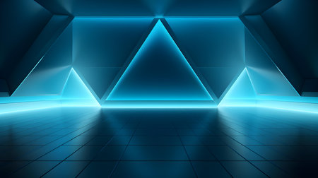 Empty geometrical room in aqua blue colors with beautiful lighting. Futuristic Background for Product Presentation.の素材