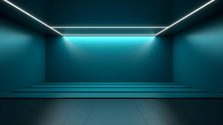 Empty geometrical room in aqua blue colors with beautiful lighting. Futuristic Background for Product Presentation.の素材