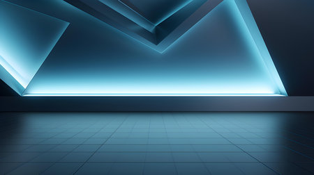Empty geometrical room in baby blue colors with beautiful lighting. Futuristic Background for Product Presentation.の素材
