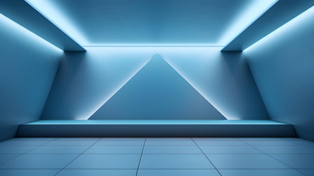 Empty geometrical room in baby blue colors with beautiful lighting. Futuristic Background for Product Presentation.の素材