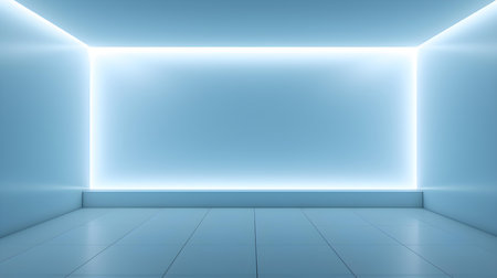 Empty geometrical room in baby blue colors with beautiful lighting. Futuristic Background for Product Presentation.の素材